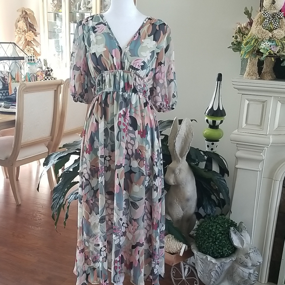 Floral Sheer V-Neck Maxi Dress - Pastel Multi